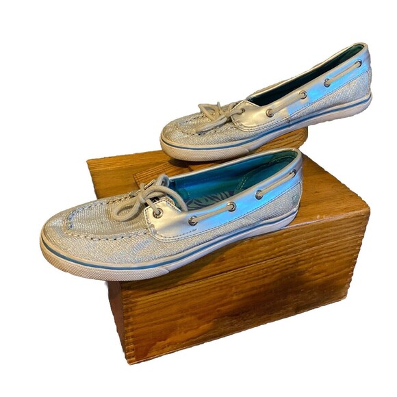 Sperry Top Siders Women's Authentic Biscayne Vida Silver Sparkle Boat Shoe Sz 5M - Picture 2 of 7